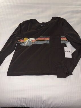 NWT Hurley Crop Black Long Sleeve Tee with Multicolor Surf Stripe